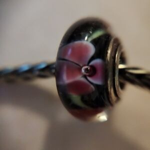 Bella Black with Pink Flowers Steriling And Glass Pandora-like Bead